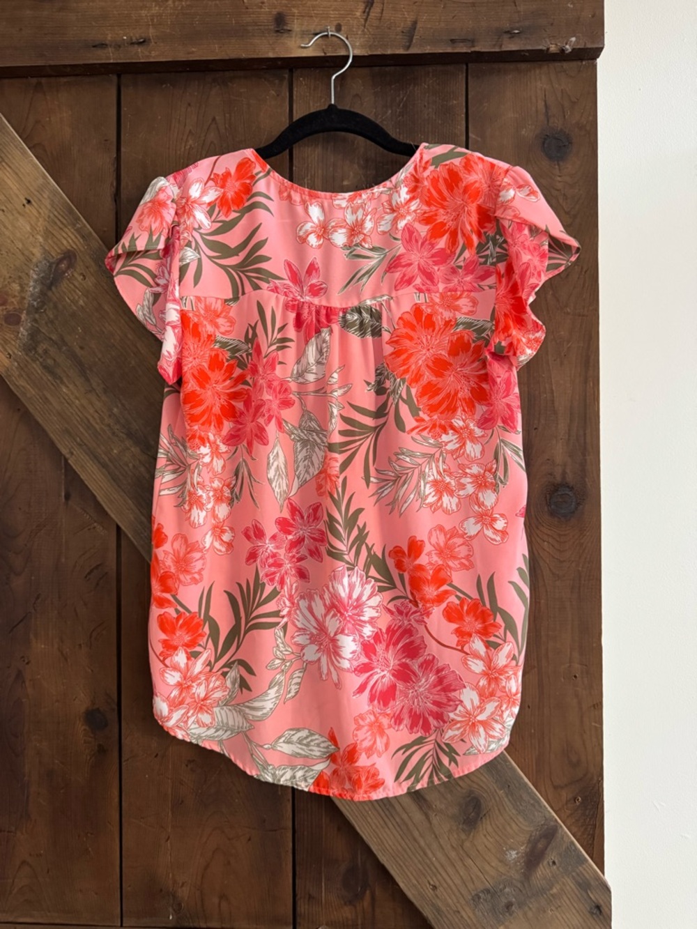 LOFT Coral Pink Floral V-Neck Short Sleeve Blouse - Picture 2 of 3